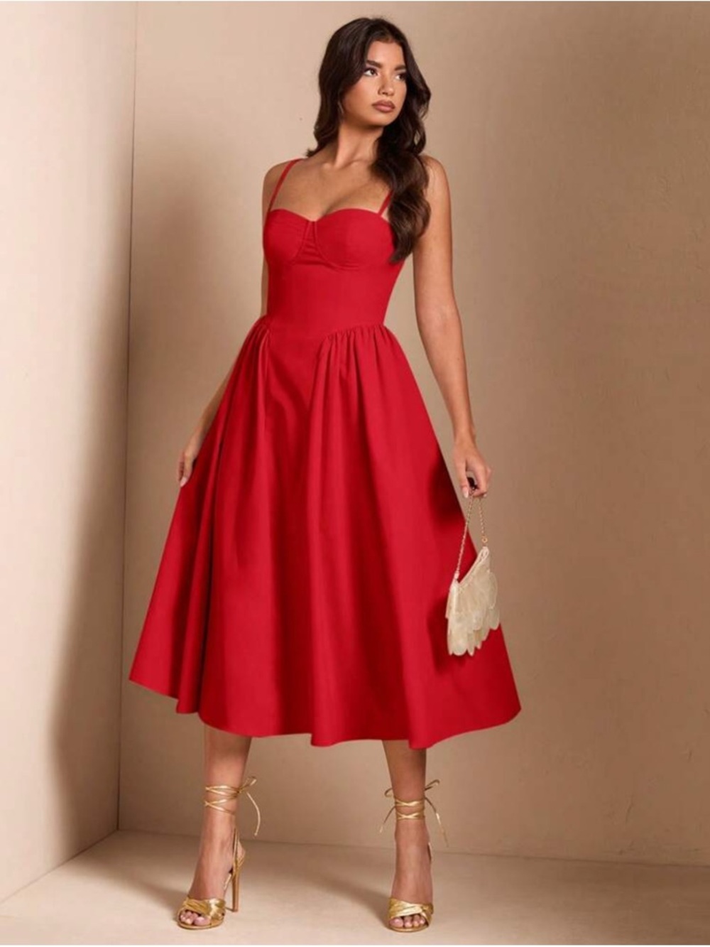 Red Fit-and-Flare Midi Dress with Sweetheart Neckline